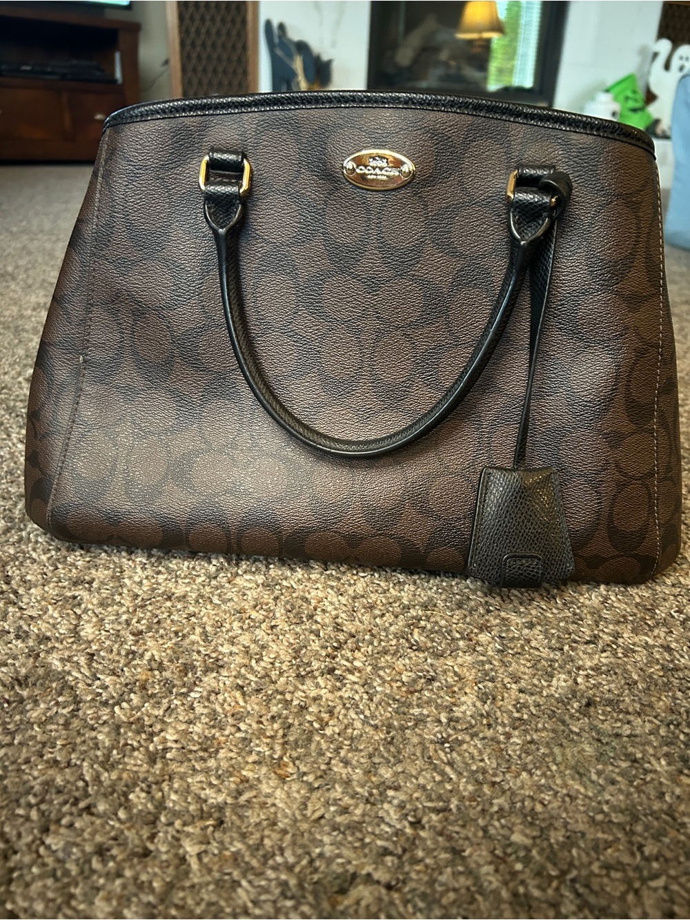 Coach Brown Signature Monogram Satchel with Black Trim